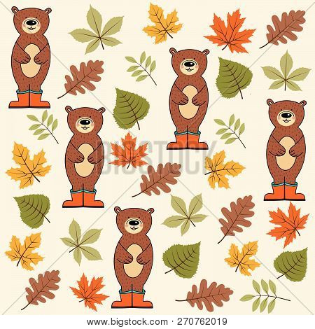 Autumn Seamless Pattern With Leaves And Bears