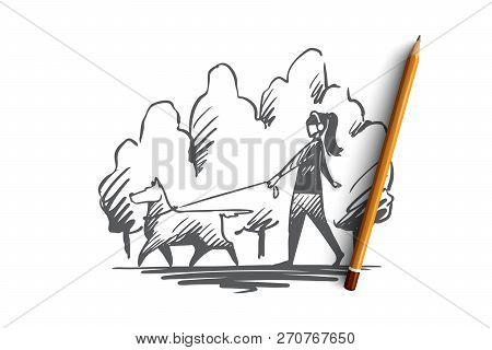 Walk, Pet, Dog, Lifestyle, Darling Concept. Hand Drawn Woman Walking With Her Dog On A Leash In City