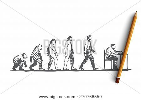 Evolution, Businessman, Programmer, Primitive Concept. Hand Drawn Figures Of Primates And Humans, Ev