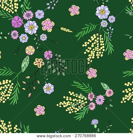 Seamless Pattern With Wild Flowers In The Style Of The Doodle