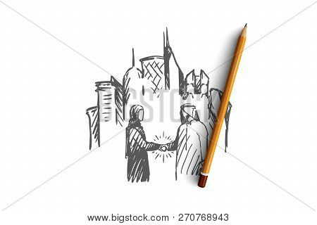 Businessman, Agreement, Deal, Muslim, City Concept. Hand Drawn Arab Businessmen Have A Deal Concept 