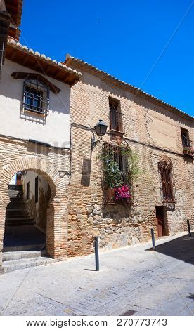 Toledo juderia facades in Castile La Mancha of Spain