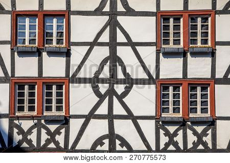Facade Of Fachwerk Medievel Building Style In Monschau, Eifel Germany