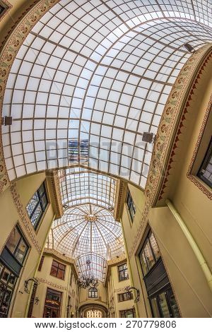Oradea, Romania - January 27, 2018: The Black Eagle Palace And Glass Covered Passage, Landmark Of Th