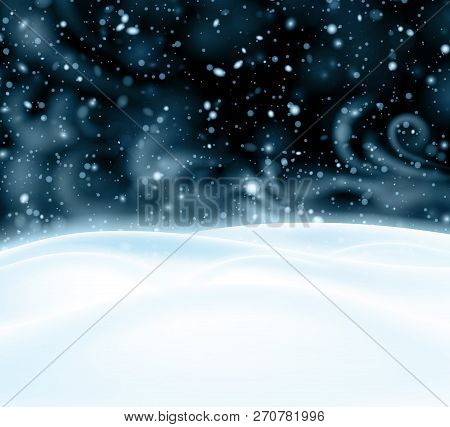 Background With Night Winter Landscape, Snow And Blizzard.