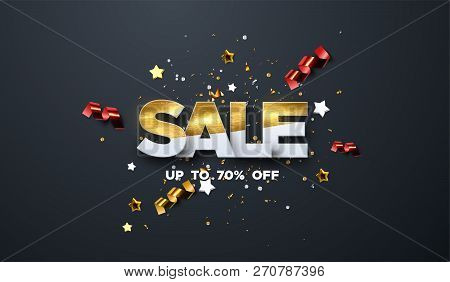 Sale Banner Design. Vector Illustration Of Paper Sale Badge Textured With Golden Paint, Confetti Par