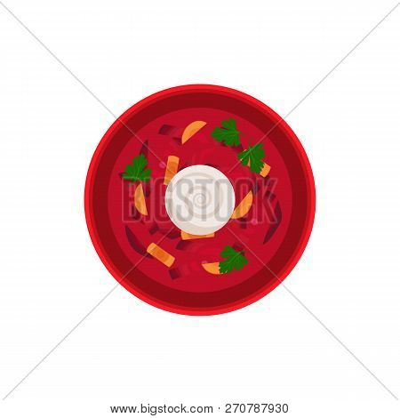 Borsch Traditional Dish In Bowl Served With Sour Creme. Food Made Of Vegetables And Meat. Carrot And