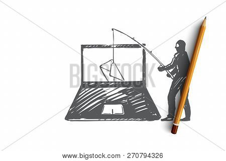 Dlp, Espionage, Virus, Penetration, Dangers Concept. Hand Drawn Hacker Breaks Mail On The Computer C