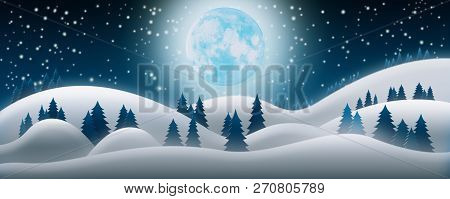 Christmas Night Background. The Snow Fields, Full Moon And Starry Sky 3D Render