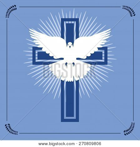 Vector Illustration Of Christian Cross And Radial Light With Flying White Dove Representing The Conc