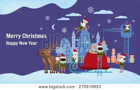 Merry Christmas And Happy New Year. Elves Helpers Collect Gifts In The Bag Of Santa Claus, Sleigh Wi