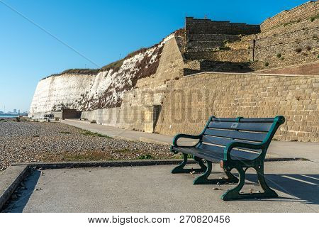 Saltdean Beach Seafront And White Sandstone Chalk Cliffs With Walkway For People Exercise. Underclif