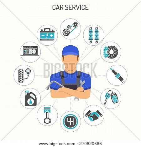 Car Service Concept With Flat Icons For Poster, Web Site, Advertising Like Car Mechanic, Battery, Oi