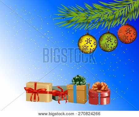 Vector Christmas Tree Branch With Balls On Colorful Background