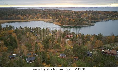 Beautiful View Of The Classic Swedish Landscape From Above.