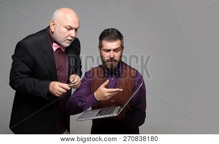 Son Is Tutor. Family Teacher Concept. Old Father And Son. Fathers Day. Comical Dad And Son. Funny Ex