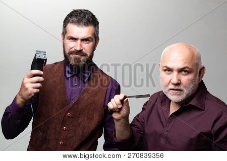 Old Father And Son - Barbershop Concept. Fathers Day. Senior Man Visiting Hairstylist In Barbershop