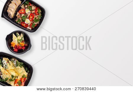 Daily Menu. Healthy Fresh Meal In Plastic Conteiners For Taking Away Lunch, Top View, Mockup, Copy S