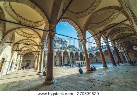 Istanbul, Turkey - October 13, 2018: Exterior View Of Suleymaniye Mosque Through Arches In Its Court
