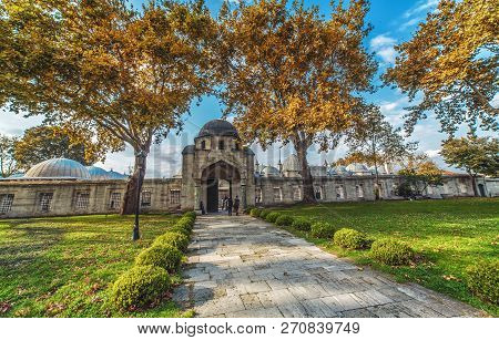 Istanbul, Turkey - October 13, 2018: The Gate Of Suleymaniye Mosque And The Garden. The Mosque Was C