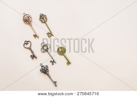 Collection Vintage Keys Isolated. Flat Lay. Top View.antique Keys Flat Lay Pattern Isolated On Paste