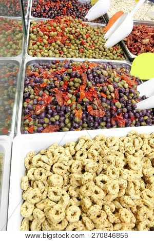 Taralli And Apulian Olives For Sale In A Stand Of Typical Products
