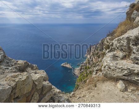 View Of The Paleokastritsa Bay From The View Point In The Mediavel Castle Angelokastro, Summer Clody
