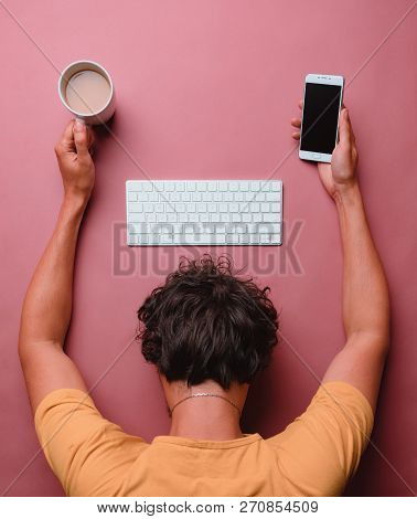 Flat Lay Man With Burn Out Sleeps On Table With Keyboard,smartphone And Coffee.