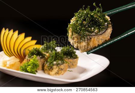 Hot Fried Sushi Roll With Shrimp, Cucumber And Cheese Philadelphia. Sushi Menu. Japanese Food. Futom