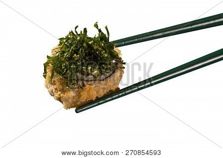 Hashi Hold Sushi And Rolls Isolated Over White Background