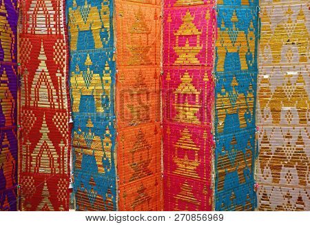 Colorful Thailand Northern Region Traditional Long Flag Or Toong In Buddhist Temple