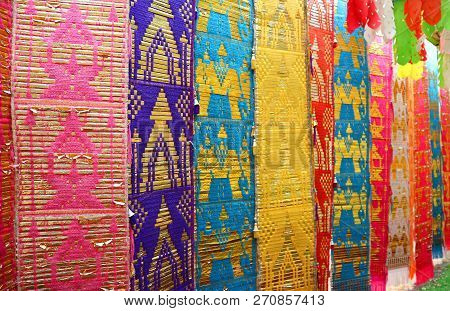 Diminish Perspective Of Colorful Thailand Northern Region Traditional Long Flag Or Toong In Buddhist