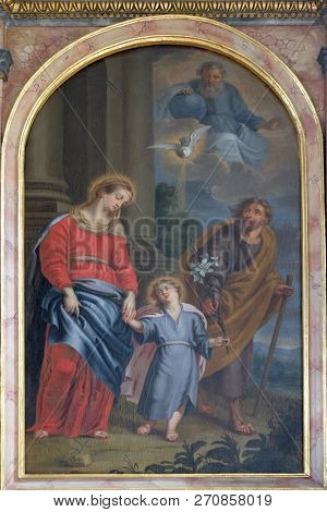 RETZBACH, GERMANY - JULY 04, 2018: Holy Family altar in Maria im Grunen Tal pilgrimage church in Retzbach in the Bavarian district of Main-Spessart, Germany