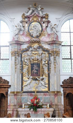 WEINGARTEN, GERMANY - JULY 12, 2018: Virgin Mary altar in the Basilica of St. Martin and Oswald in Weingarten, Germany