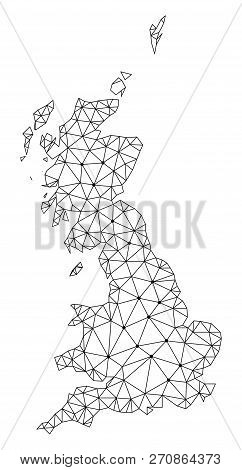 Polygonal Mesh Map Of Great Britain In Black Color. Abstract Mesh Lines, Triangles And Points With M