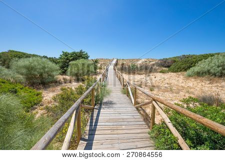 Wooden Planks Footbridge In Trafalgar Cape Natural Park To The Horizon