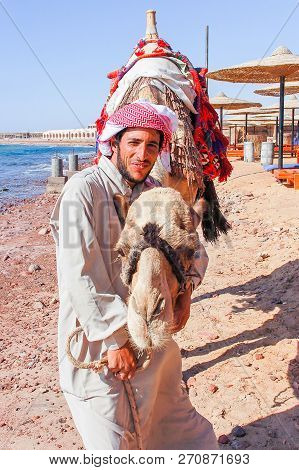 Egyptian With His Camel Posing Against The Sea, June 7, 2008, Taba, Egypt