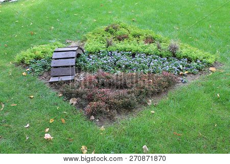 Decorative Flowerbed With A Bridge Emblazoned In The Botanical Garden