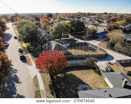 Aerial View Residential Neighborhood In Fall Season In Texas, America