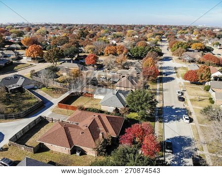 Aerial View Residential Neighborhood In Fall Season In Texas, America