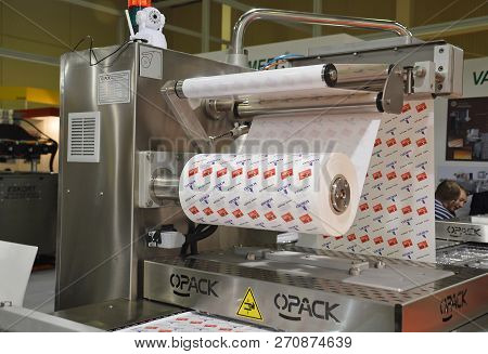 Moscow, Russia - January, 2015: Thermoforming Packaging Machine Qz 1000 Maxi Company Opack. Fragment
