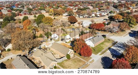 Panoramic Aerial View Residential Neighborhood In Fall Season In Texas, America