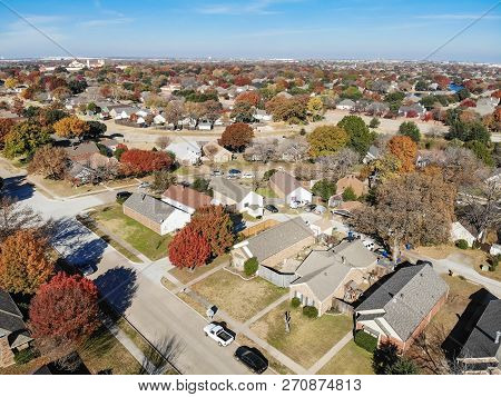Aerial View Residential Neighborhood In Fall Season In Texas, America