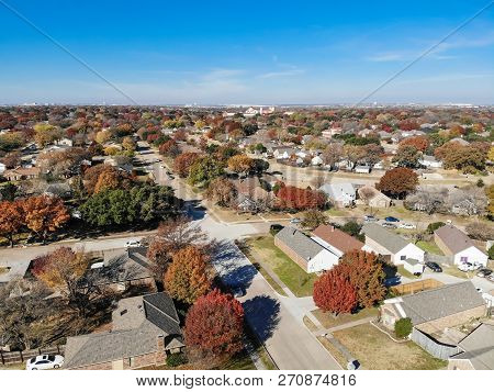 Aerial View Residential Neighborhood In Fall Season In Texas, America