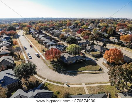 Aerial View Residential Neighborhood In Fall Season In Texas, America