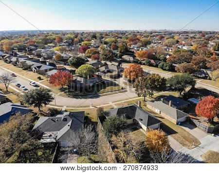 Aerial View Residential Neighborhood In Fall Season In Texas, America