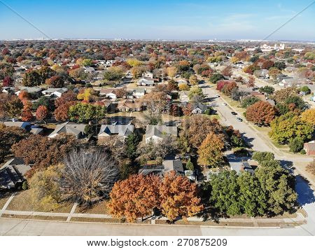Aerial View Residential Neighborhood In Fall Season In Texas, America