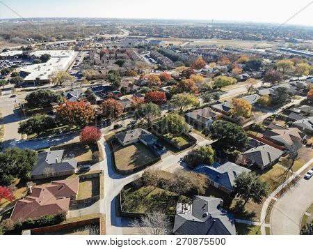 Aerial View Residential Neighborhood In Fall Season In Texas, America
