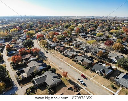 Aerial View Residential Neighborhood In Fall Season In Texas, America