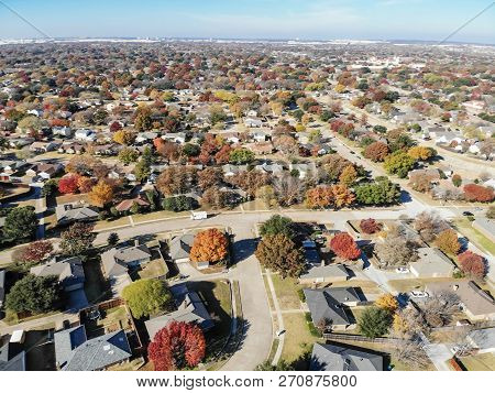 Aerial View Residential Neighborhood In Fall Season In Texas, America